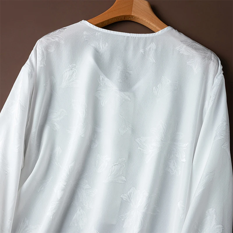 Damska jedwabna koszula 100% jedwab morwowy 20 momme biała żakardowa jedwabna bluzka z chińskimi guzikami, długi rękaw, do pracy biurowej M1453