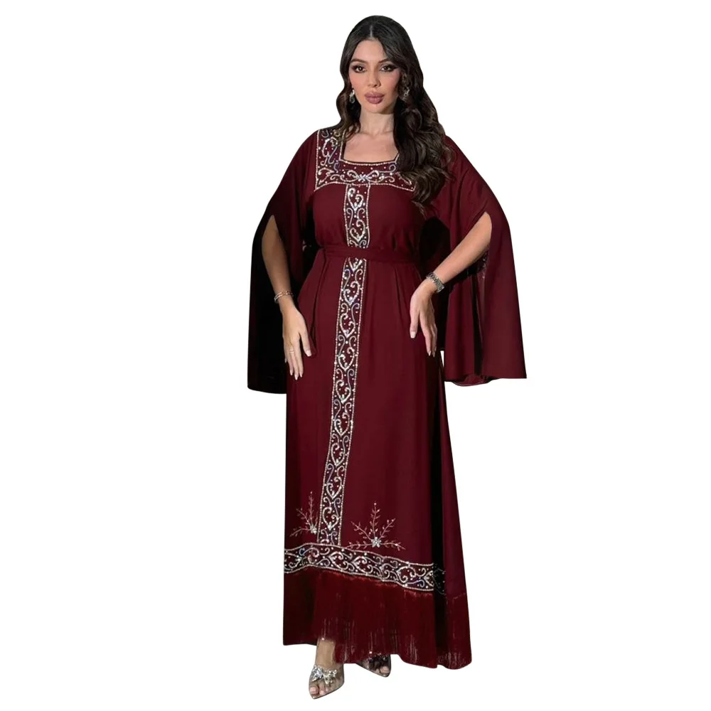 Eid Mubarak Moslim Vrouwen Abaya Maxi Jurken Jalabiya Diamanten Kwastje Gewaad Ramadan Dubai Islam Kaftan Caftan Party Avondjurk