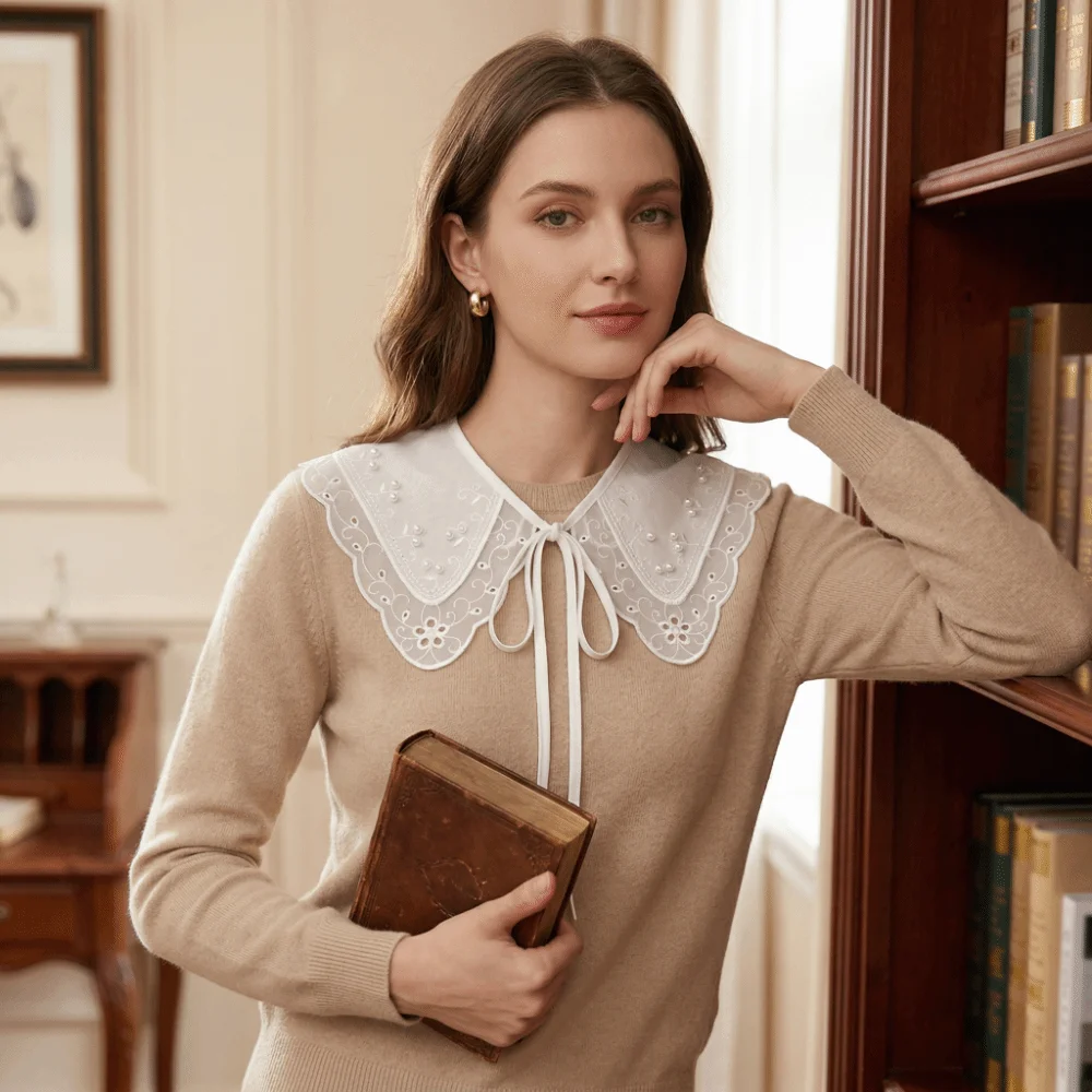 

Black White Organza Fake Collar Embroidered Elegant Nail Bead Tie Versatile Style All-match Imitation Pearl Decorative Shawl