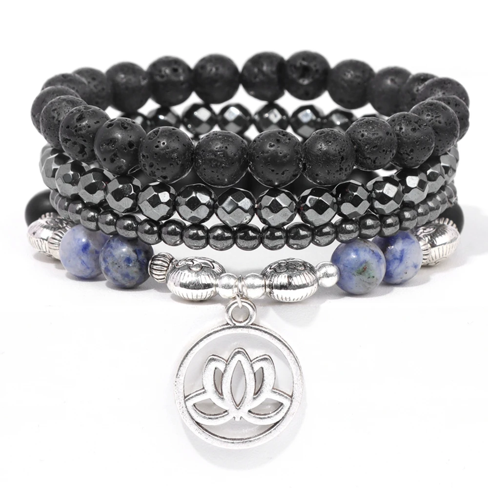 Männer Stein Armband Set Multi-schicht Schwarz Vulkanischen Holz Perlen Elastische Armband Viking Homme Pulsera Hombre Hip-Hop Punk schmuck