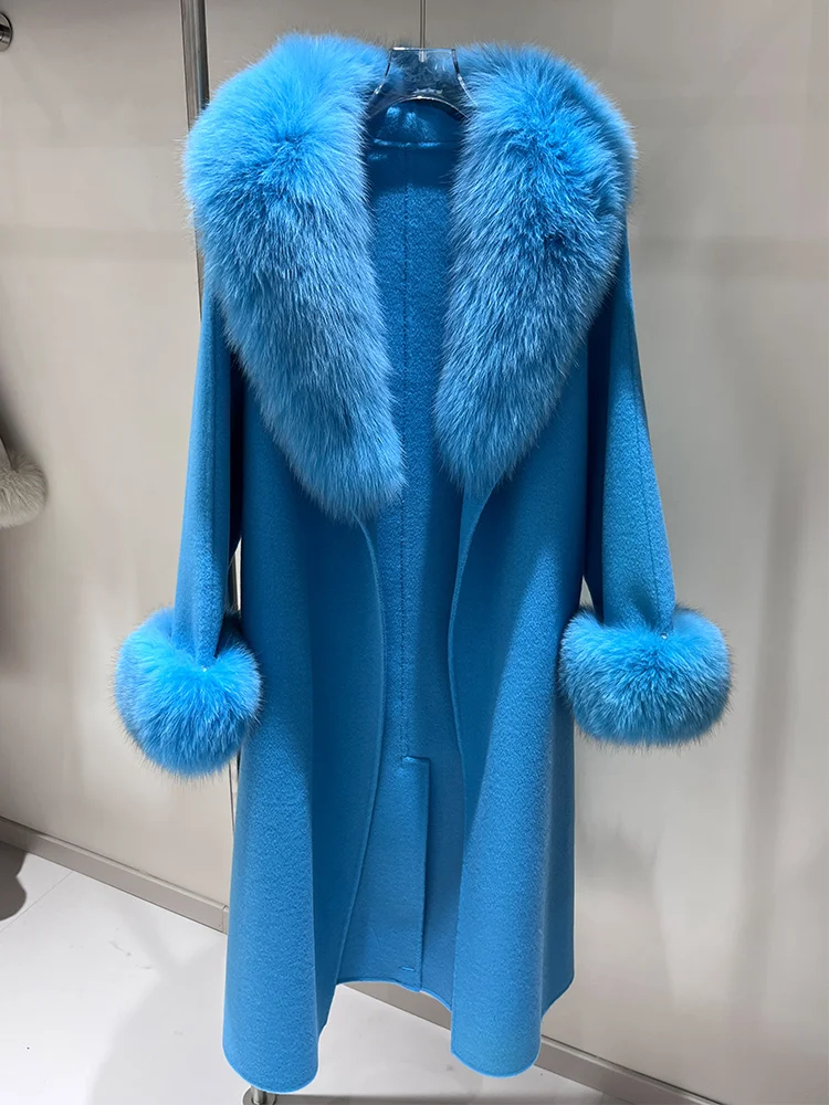 2025 Real Fur Coat Winter Jacket Women Natural Fox Fur Collar Cuffs Cashmere Wool Woolen Long Coat Ladies Outerwear Streetwear