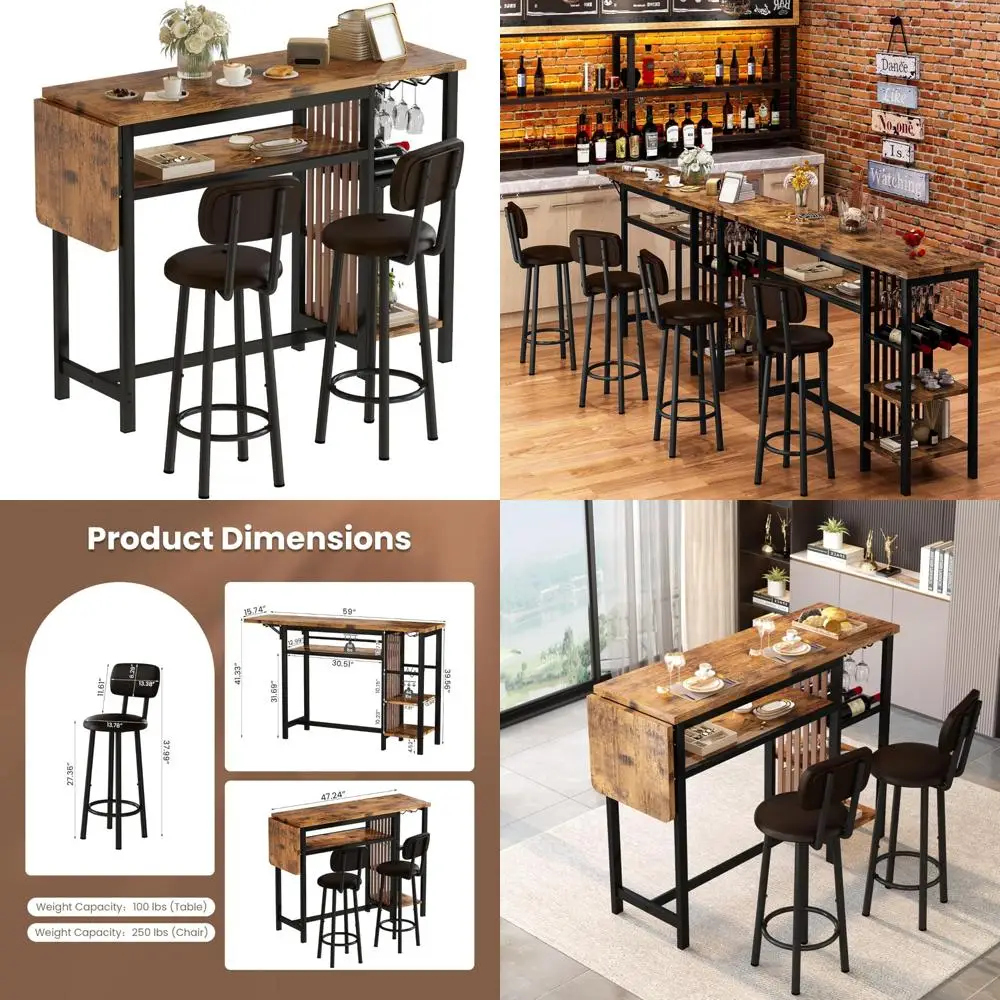 拡張可能なキッチンダイニングテーブルセット、収納、カップホルダー、ワインラック付き、カウンターハイト、59