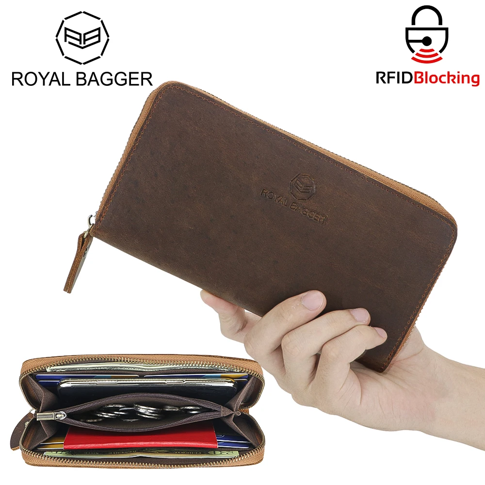 

Royal Bagger Retro RFID Long Wallets for Men, Genuine Leather Zipper Clutch Coin Purse, Casual Multi-card Slots Card Holder 1815