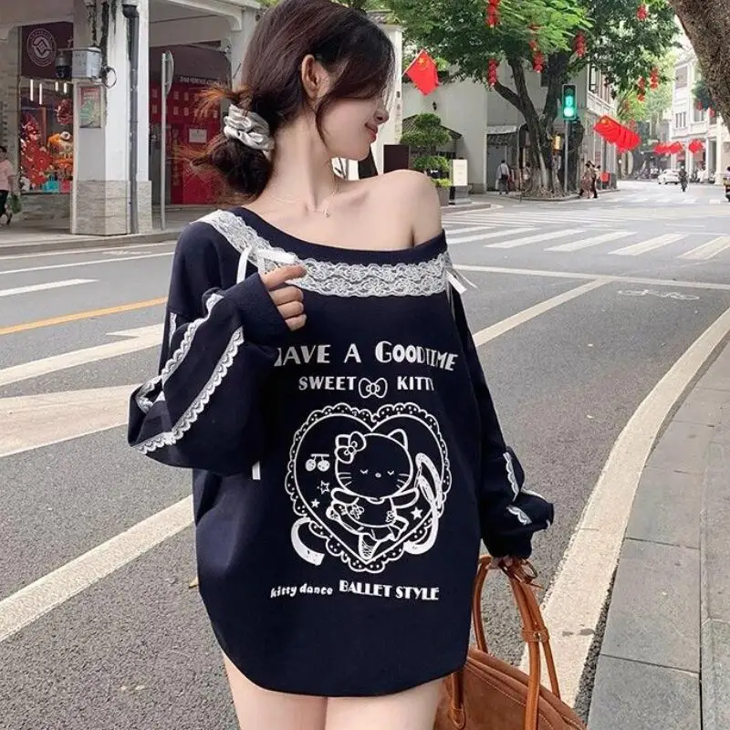 

Fashionable Women's Slanted Neck Long Sleeved T-Shirt Sweet Teenage Bow Cartoon Off Shoulder Loose Tops Cute Student Hoodies
