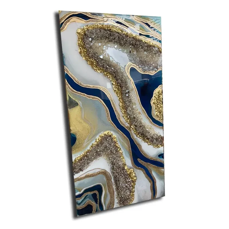 Decoração de Parede em Resina Azul Pavão, Arte Personalizada em Resina Epóxi, Pintura em Tela com Cristais Geode para Casa, Escritório e Hotel