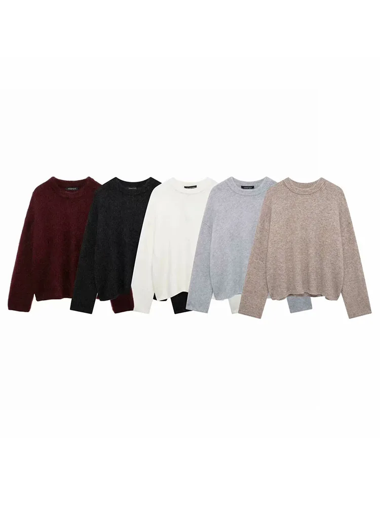 Hh feminino inverno novo sólido tamanho grande mohair misturado pulôver camisola feminina elegante solto quente tripulação pescoço camisola de malha
