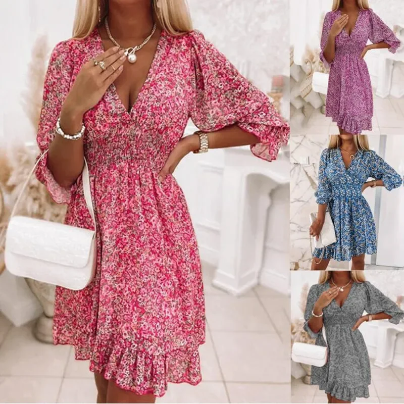 Cross-border Europe And United States Foreign Trade Waisted Pullover Midi Bohemian Printed Short Sleeve Floral Women's Dresses