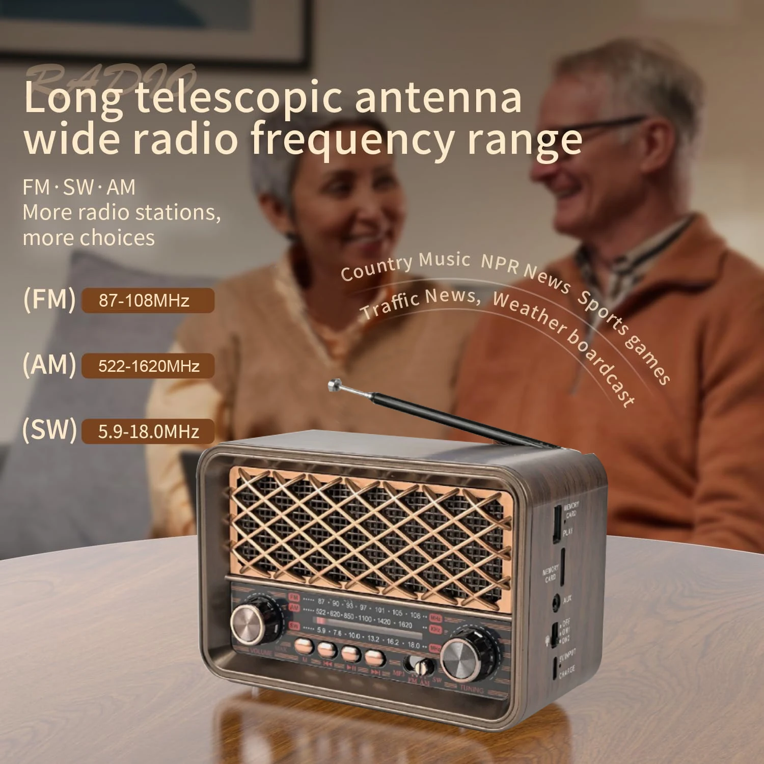 راديو محمول عتيق كلاسيكي ريترو FM AM SW كامل النطاق أجهزة الراديو استقبال سماعة لاسلكية تعمل بالبلوتوث المتكلم دعم LED Llight TF USB AUX
