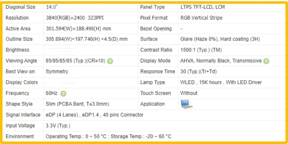 B140ZAN02.1 4K UHD 3840x2400 14.0 inch Laptop Display LCD Screen IPS No-touch Panel EDP 40pins 60Hz