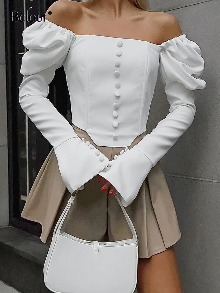 Blout Fashion Satin White Shirts Blouses Women Elegant Square Collar Puff Sleeve Sexy Tops Autumn Solid Button Ruched Party Tops