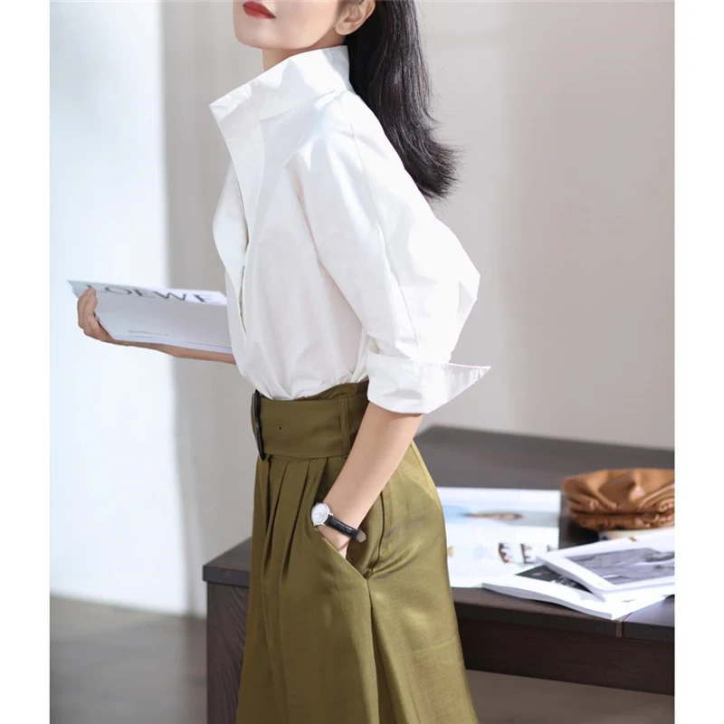 2022 New Autumn Fashion Women\'s Casual Three-quarter Sleeve Cotton Shirt Elegant Stand Collar White Office Lady Loose Blouse Top