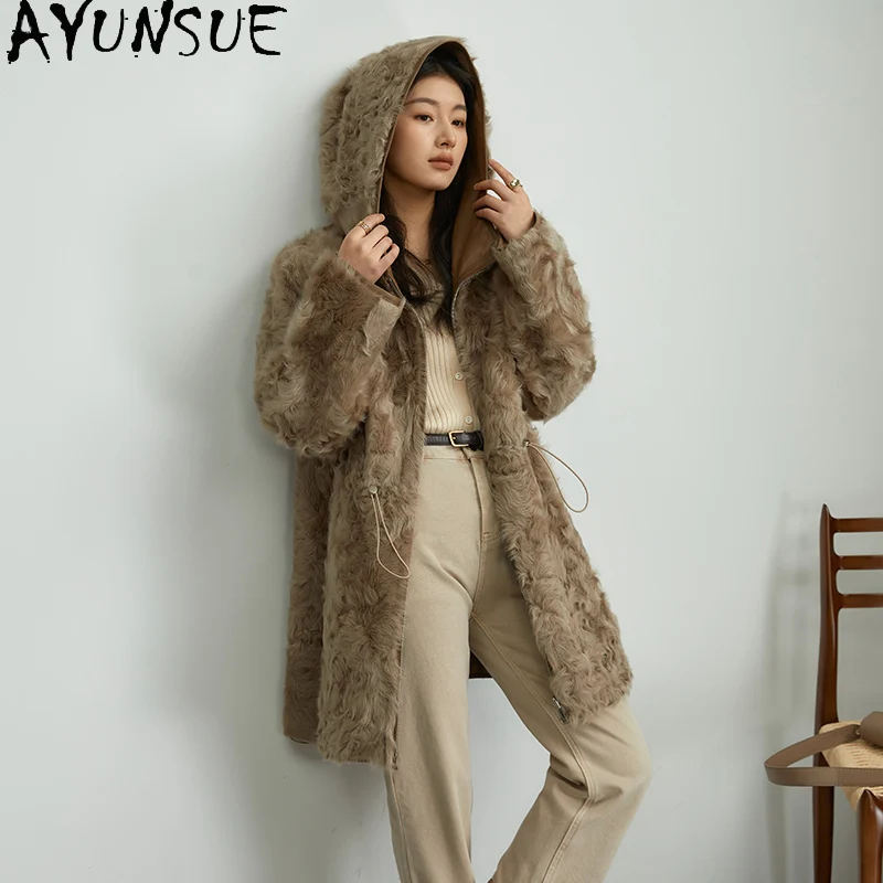 AYUNSUE سترة جلدية حقيقية للنساء معطف فرو من جلد الغنم الطبيعي ملابس شتوية دافئة للسيدات 2025 هوديي شوبانا Жenca فضفاضة تناسب #1