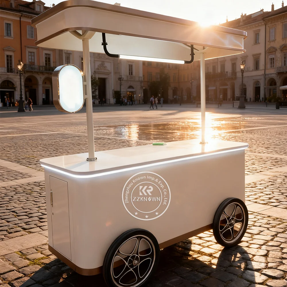 Custom Refrigerated Tricycle Ice Cream Cart Modern Mobile Beverage and Ice Cream Cart with Double Door Freezer Refrigerator
