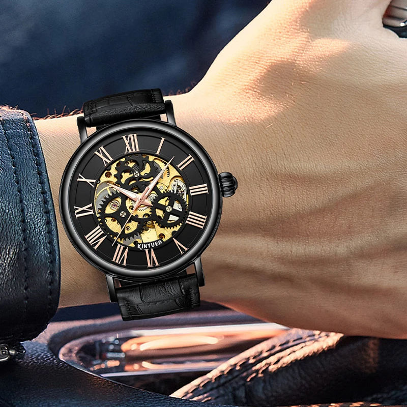 KINYUED orologio meccanico di marca da uomo moda classico scheletro orologi da uomo cinturino in pelle orologio da polso automatico impermeabile orologio maschile