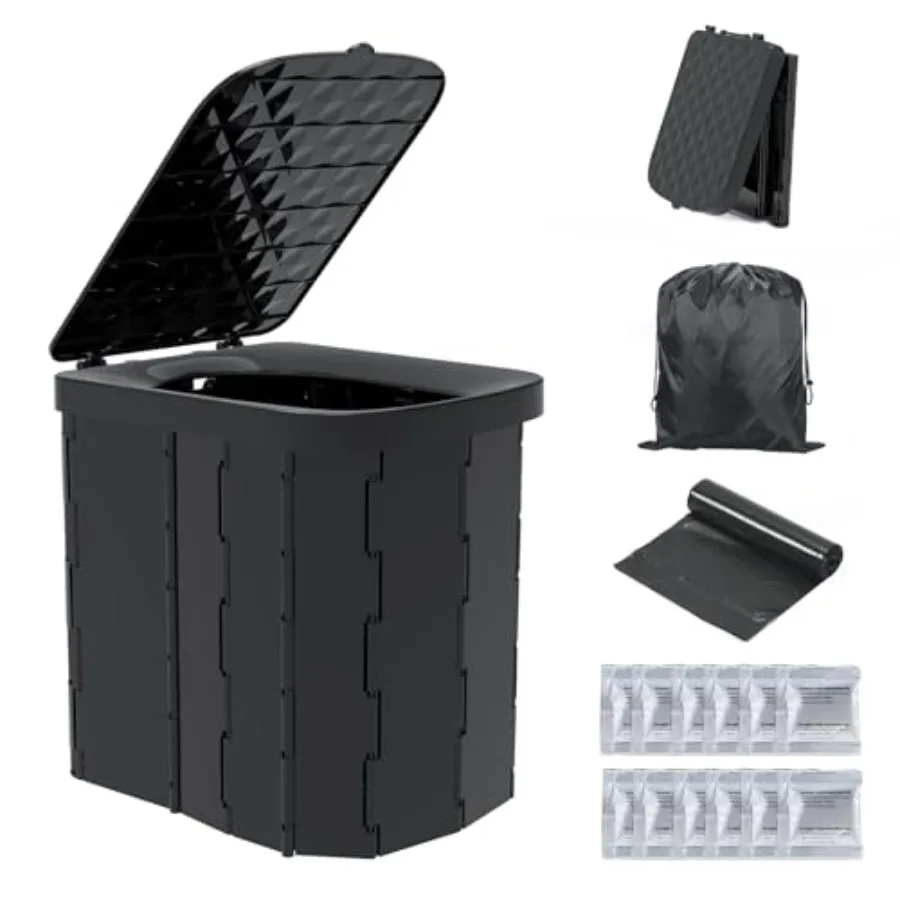 

XL Portable Folding Camping Toilet - Travel Potty for Adults, 12 Toilet Bags, 12 Pack Liquid Waste Gel