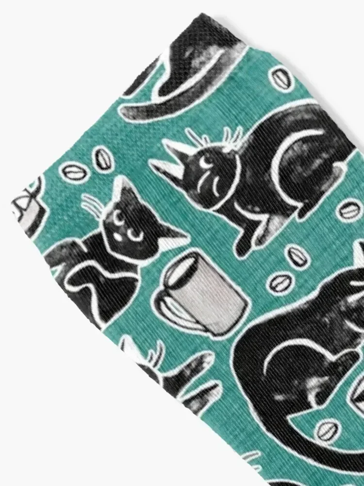 Black Cats & Coffee on Teal Socks custom aesthetic FASHION golf Socks Girl Men's