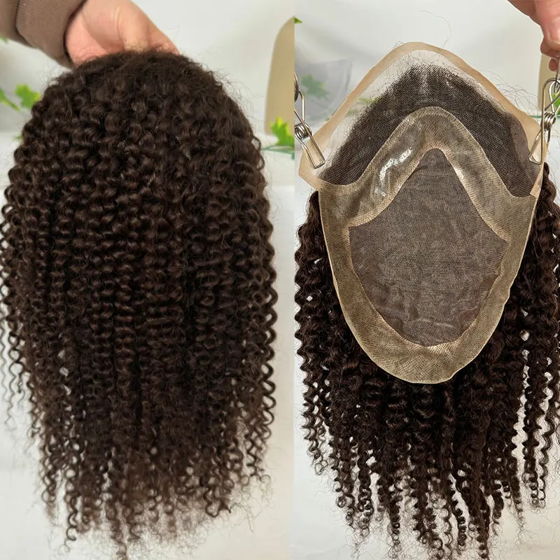 Donkerbruin Kinky Krullend Menselijk Haar Toupetje Voor Mannen 12Inch Lang Toupetje Mono Kant Met Pu Toupetje Mannen Pruiken Haarstuk 10X8Inch