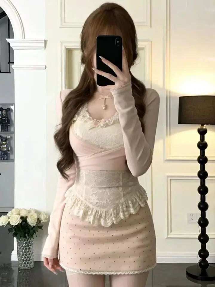 Pure Desire Sweet Lace Neck Hanging Three-Piece Set Short Skirt And Open Cardigan Top for Small Women Spring Autumn Fashion