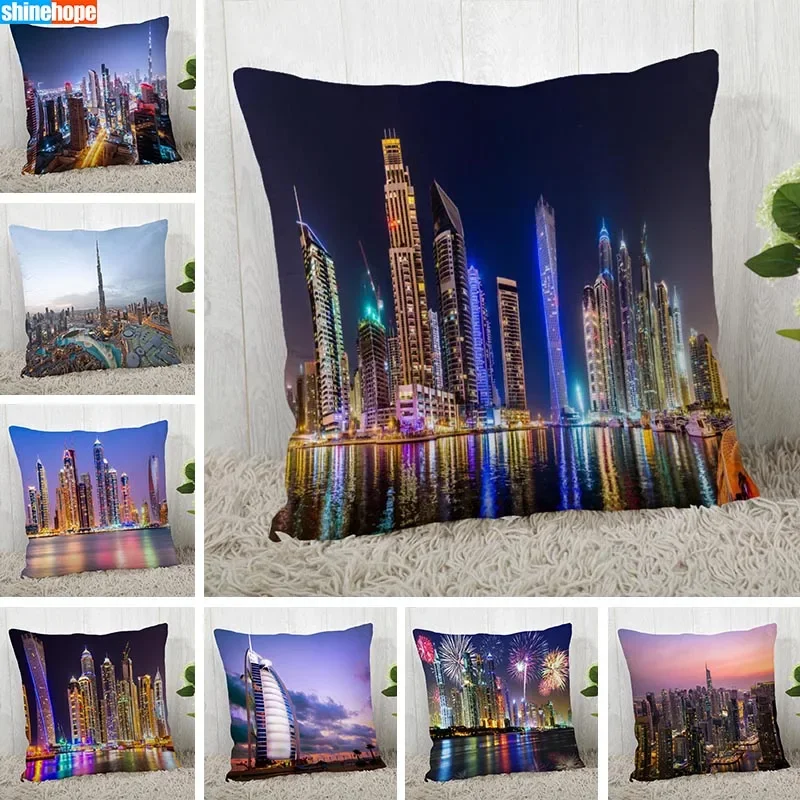 Custom Dubai Night Scenery Pillow Cases Square Pillowcase Christmas Zippered Pillow Cover 45*45cm(One Side)