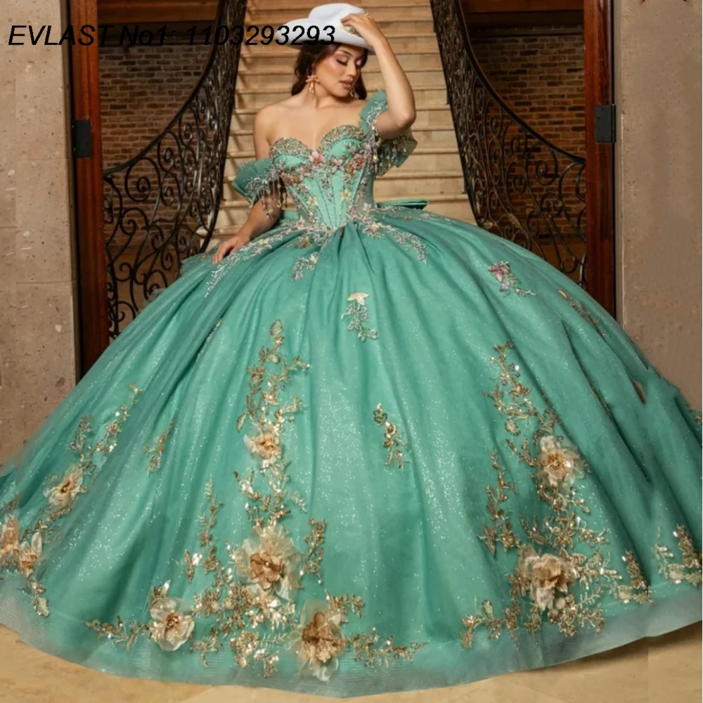 EVLAST カスタムグリッターグリーン キンセアニェーラドレス ボールガウン ゴールドレースアップリケ ビーズ装飾 リボン付き スイート16 ベスティドス デ 15 アニョス E1QN762