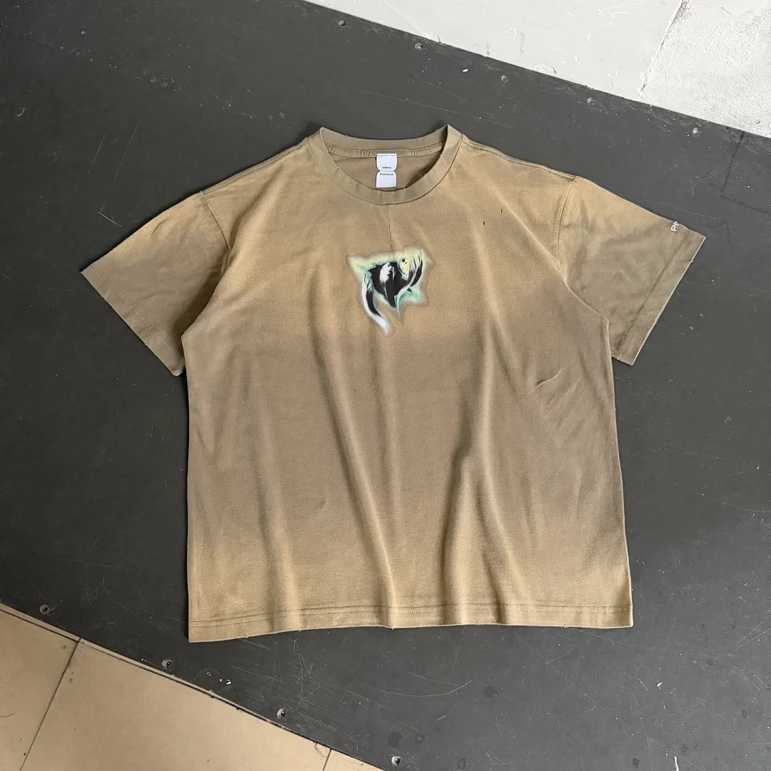 Fashion Streetwear PTL Washed Brown Men T‑Shirt Abstract Cat Graphic Print Loose Oversized Short Sleeve Tee Hip Hop Casual Top