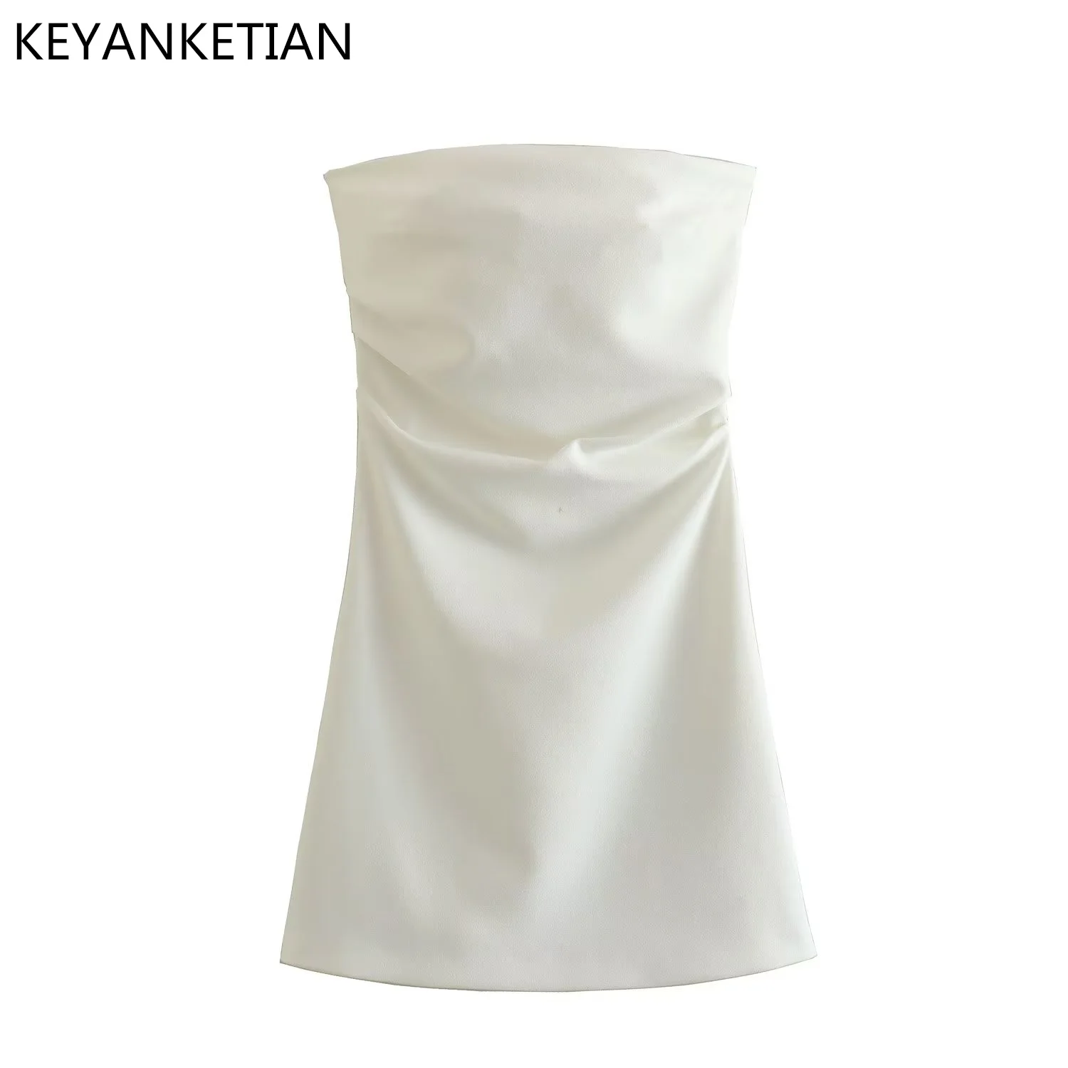 KEYANKETIAN Summer New Pleated One-Line Neck Off-The-Shoulder Strapless Dress Female Slim Short White Sleeveless Mini Skirt