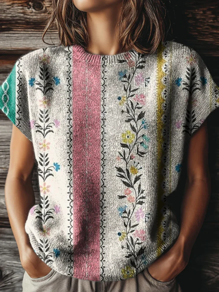 2026 New Style Women's Printed Short-Sleeved Sweater, Vertical Stripes Wildflower Knitted Style, Country Style Round-neck Sweater, Colorful Plant Print Loose-Fitting Casual Spring Layered T-shirt, Daily Casual Outdoor Vacation
