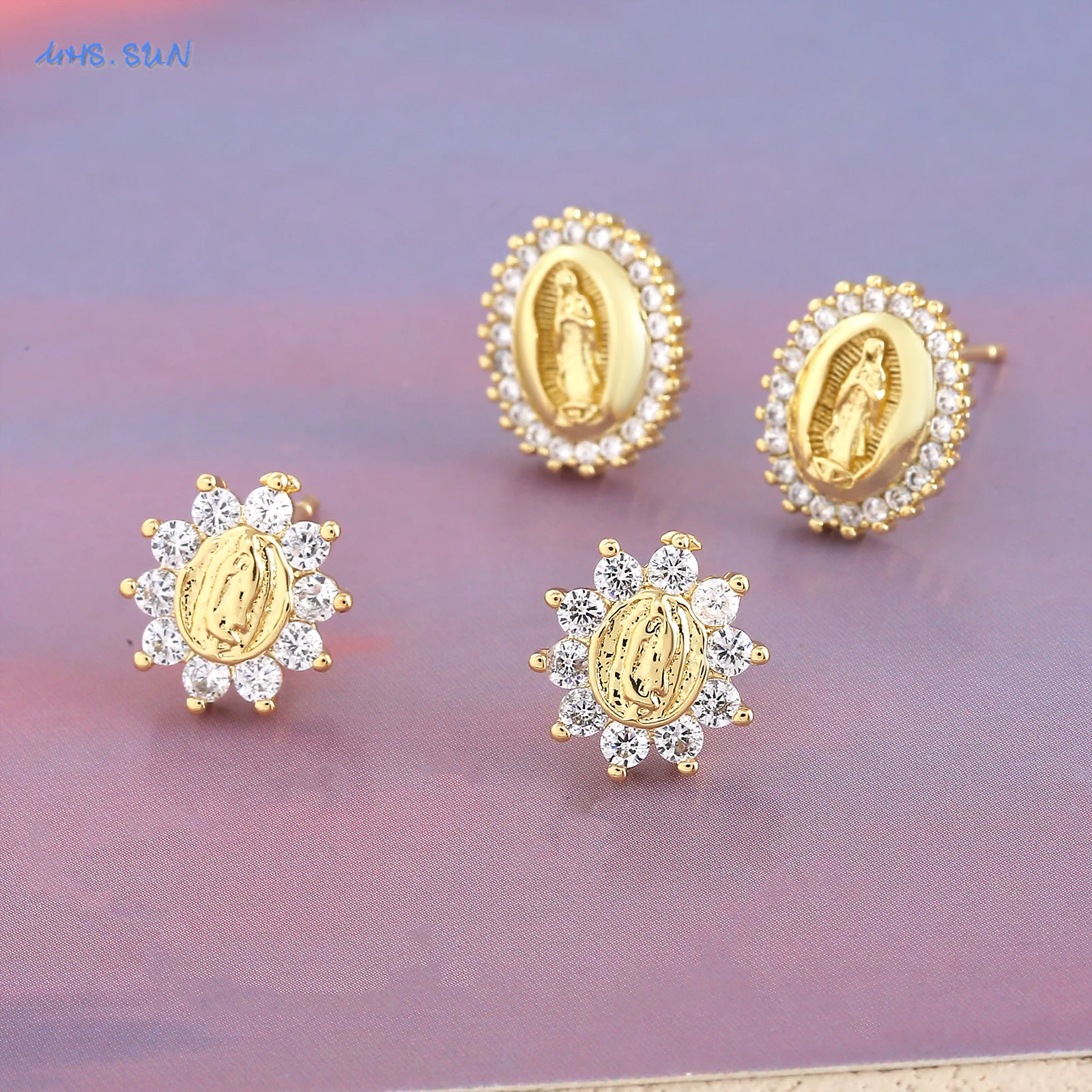 SUNSLL Lujan Virgin Mary Cubic Zircon Stud Earrings For Women Girls Guadalupe Gold Plated Fashion Religious Jewelry Gift