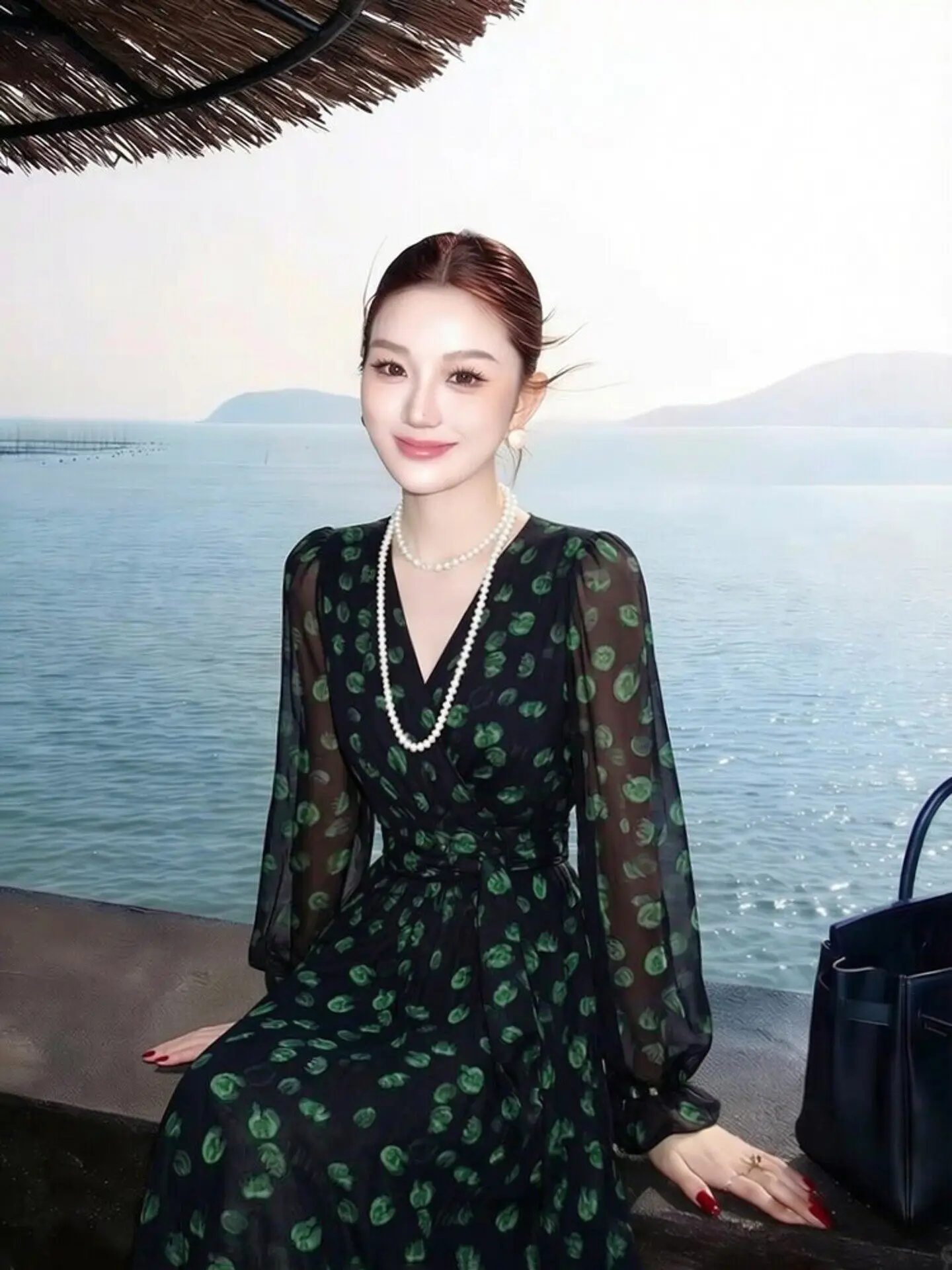 

Stunning Floral Print Maxi Dress Elegant Spring Tea Break Fashion High Waist Zipper Closure V-Neckline French Style Casual Wear