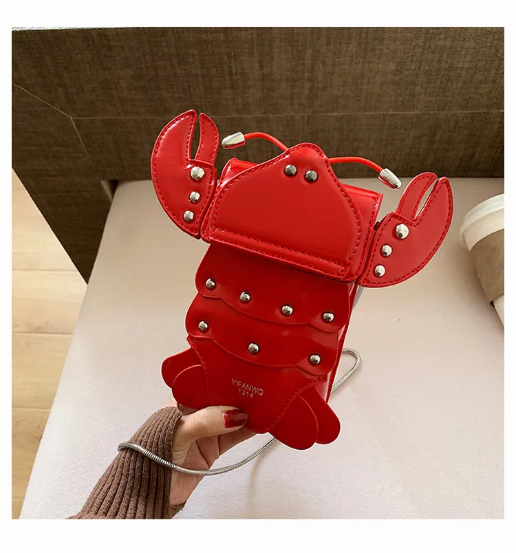 Funny Crayfish Shape Pu Shoulder Bag For Women Summer Red Phone Bag Girls\' Chain Small Crossbody Bag