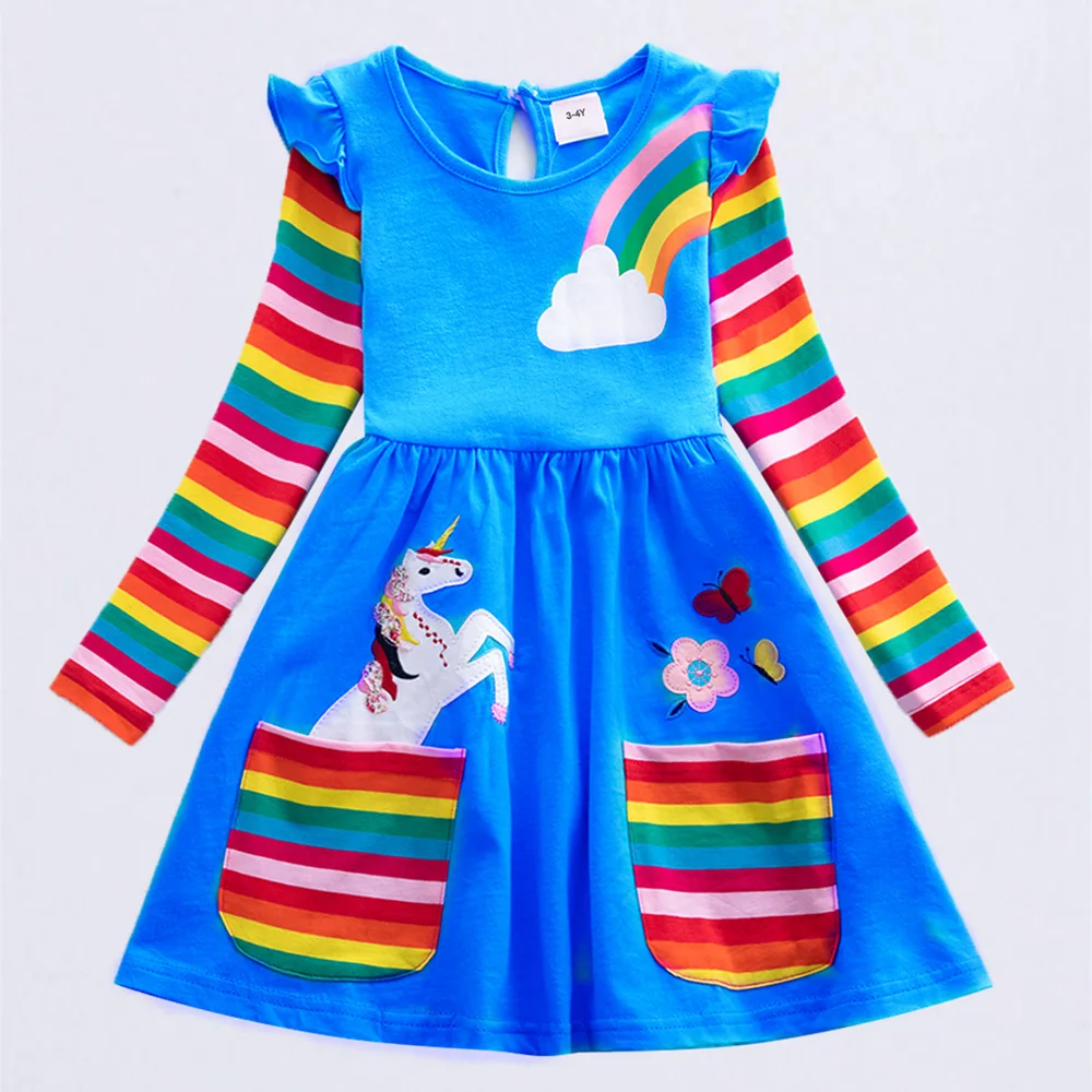 Girls\' Long Sleeve Unicorn Dress Autumn Embroidery Two Pockets Rainbow Sleeves 81035