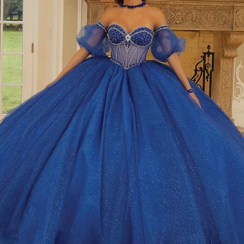 

Customized Mexican Blue Princess Quinceanera Dress Illusion Crystal Ball Gown Long Women Prom Birthday Party Dress 15 14 Girl