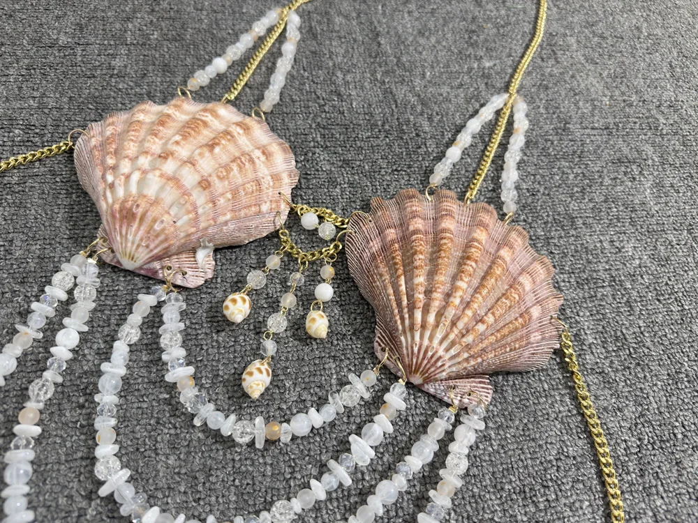 Y2K تسخير المحاصيل الأعلى عارية الذراعين صدف بيكيني أعلى الصدرية الشاطئ مجوهرات تانك الأعلى حورية البحر قذيفة الجسم سلسلة Bralette سترة الصيف