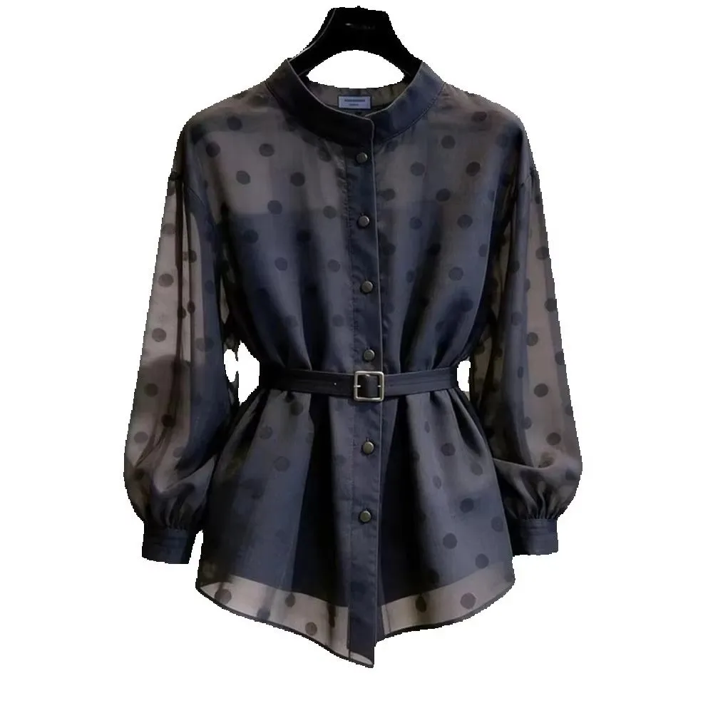 Women Shirt Blouse Beautiful Semi Transparent Shirt Design Sense Wave Point Waist Cinching Spring Summer Autumn Temperament Top