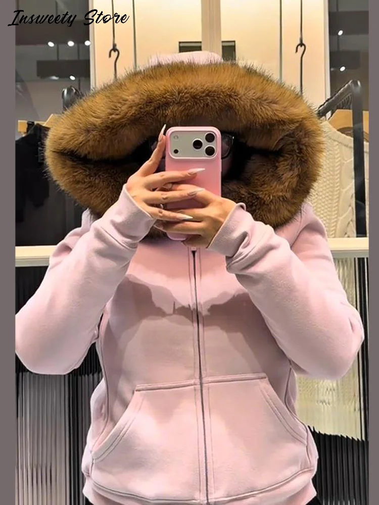 موضة فو الفراء تقليم هوديي المرأة سحابات طويلة شيربا اصطف المعاطف الدافئة 2025 الخريف الشتاء سيدة مريحة ملابس خارجية فضفاضة