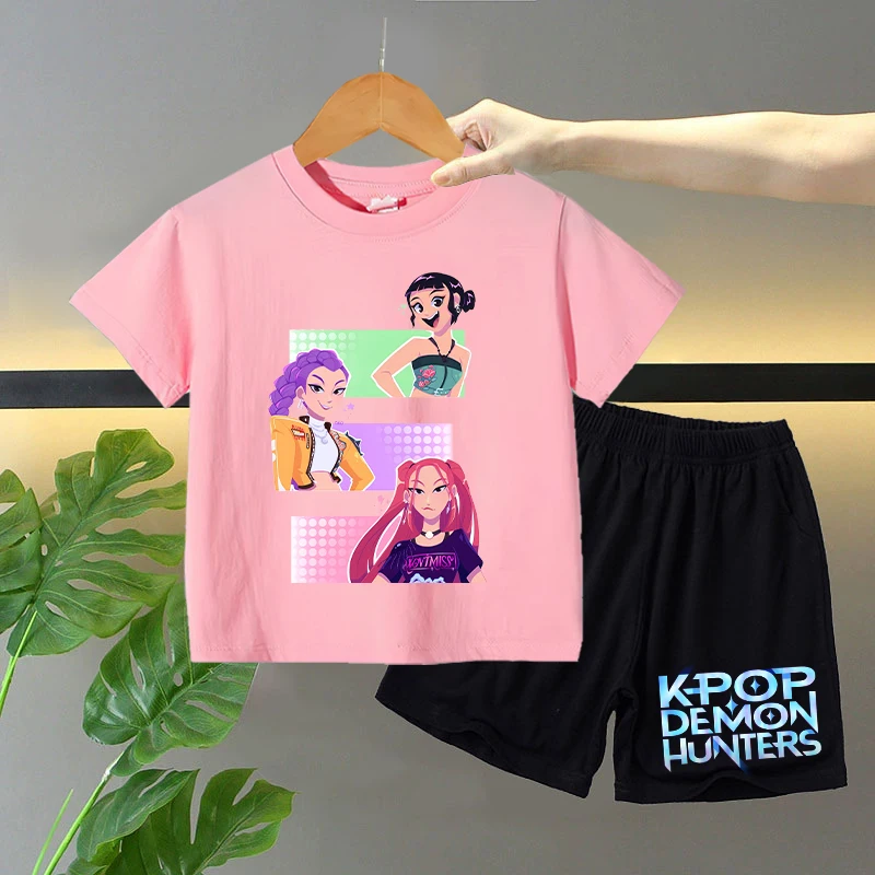 2pcs Kpop Demon Hunters กางเกงขาสั้นแขนสั้นชุดเด็กหญิงฤดูร้อนเสื้อยืดกางเกงชุดเด็กอะนิเมะการ์ตูนน่ารักเสื้อผ้าของขวัญ