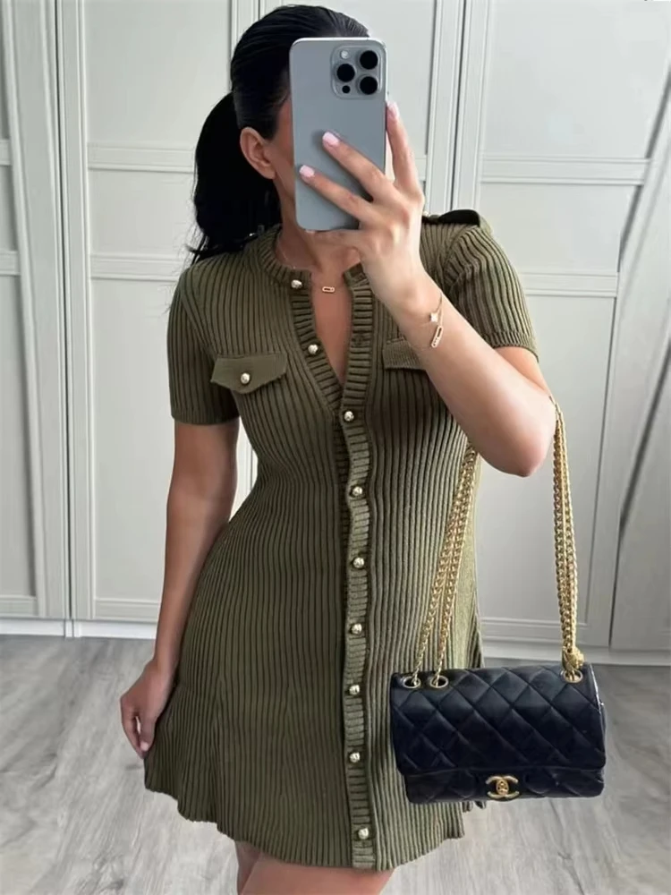 Knit Ribbed Pocket Mini Dress Female Short Sleeve Cardigan Patchwork Slim Solid Party Dress Women's Knitwear Autumn Dress