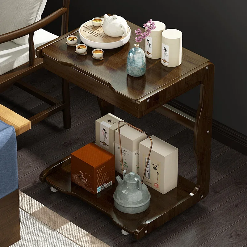 Quality Solid Wood Small Tea Table Mobile Tea Cart Living Room Side Multi-Layer With Tea Set Storage Rack Home Furniture