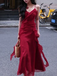 Red Vintage Elegant Midi Strap Dress Women Ruffles Design Causal Korean Fairy Dress Female 2024 Autumn Strapless Party Dress Y2k