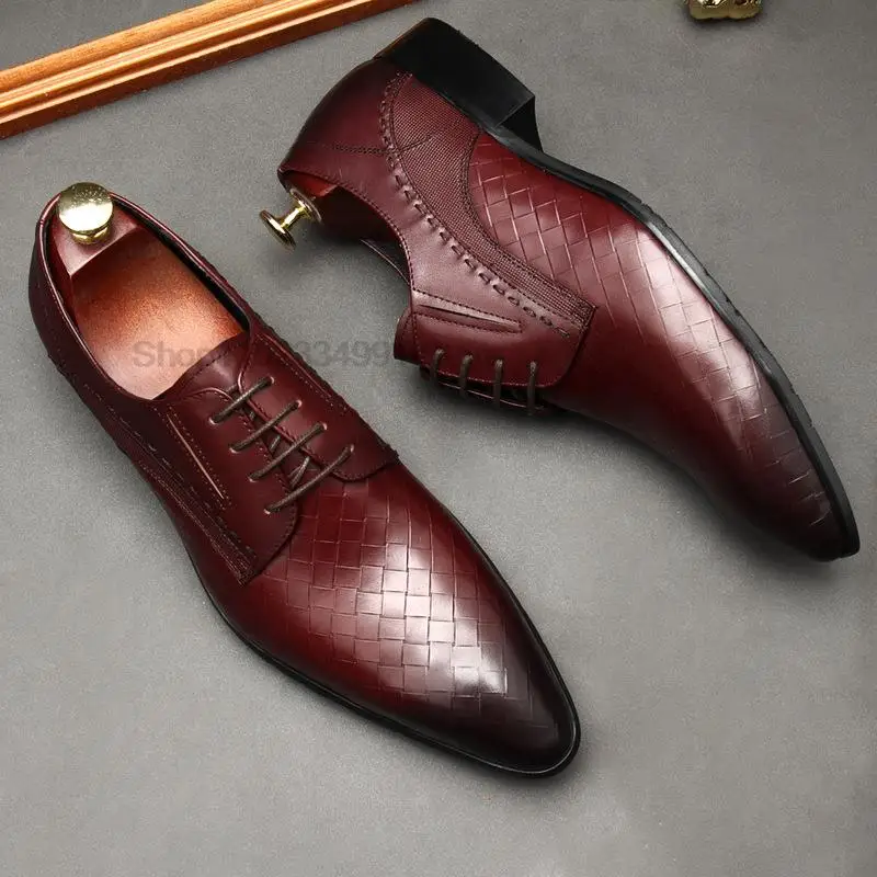 

Black Wine Red Men Dress Shoes Genuine Leather Pointed Toe Oxford Lace Up Office Business Wedding Checkered Formal Shoes For Men