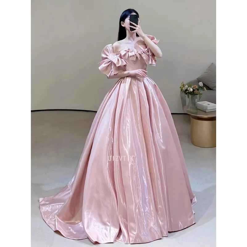Pink Long Party Evening Dress Boutique Off-Shoulder A-Line Floor Length Prom Gown Customized Light Luxury Satin Wedding Dresses