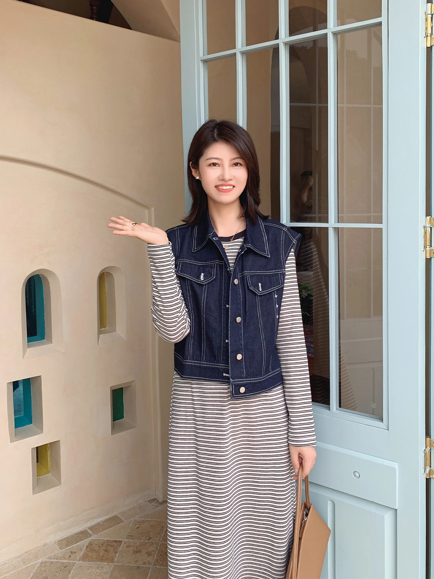 

Zillal Casual Holiday Vintage Denim Vest Top with Striped Long Sve T-irt Dr Set Autumn Faion Ladies' Clothing