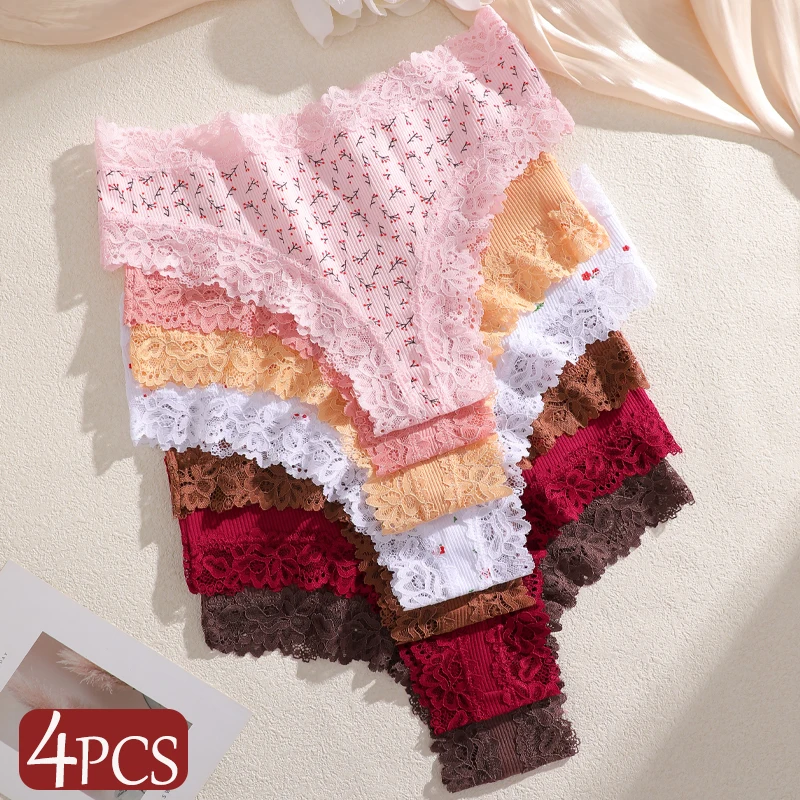 33510-62d735.jpg 4Pc S-XL Women's Cotton Sexy Lace Brazilian Pants Seamless Low Waist Printing Breathable Underwear Ladies Lace Patchwork Panties - Image 1