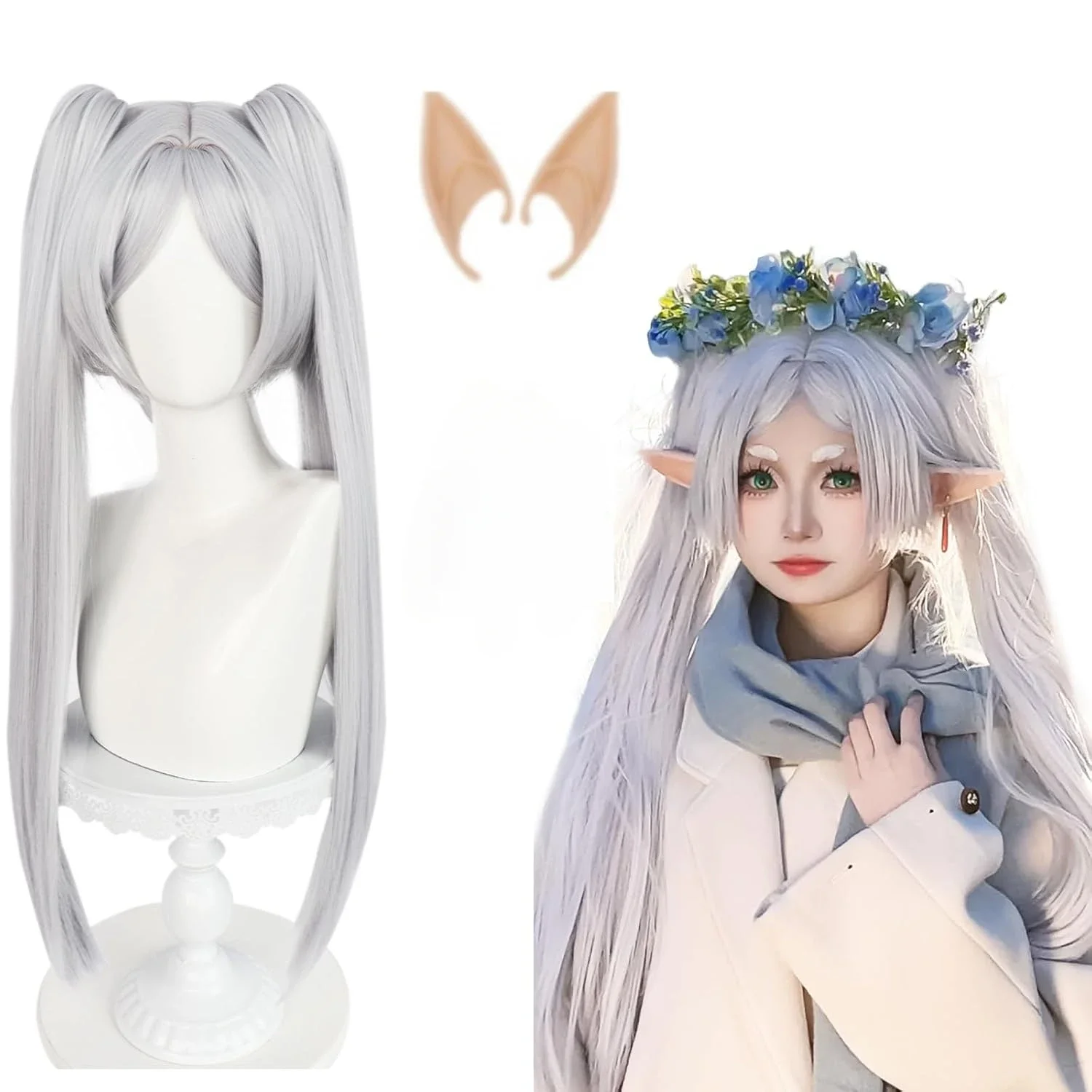 

Frieren-Perruque Longue Droite avec Frange pour Femme, Double Queue de Cheval Blanche, Perruque Косплей, ixd'Halloween