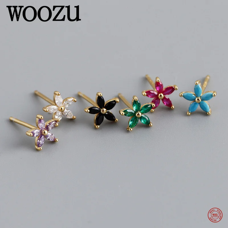 WOOZU 925 Sterling Silver Classic Green Zircon Cute Flower Stud Earrings for Women Party Unique High Quality Jewelry Accessories