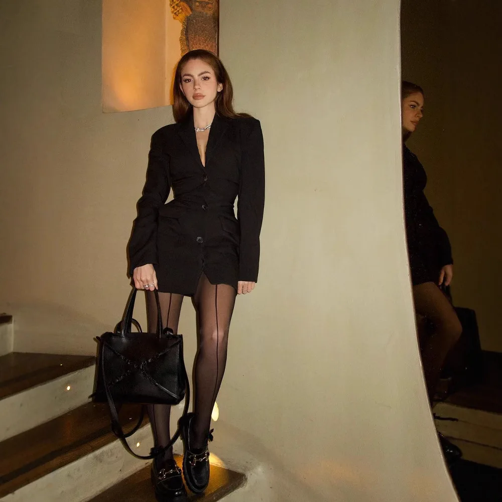 Gran oferta, elegante vestido Blazer de cintura alta con cuello en V, Mini vestido corto a medida que se pega la cintura, adelgazante, resistente a las arrugas, poliéster Blen