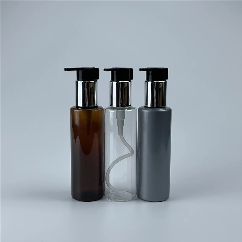 150ML X 35 Plastic Flat Shoulder Bottles With Silver Anodized Aluminum Lotion Pump Cosmetic Container For Liquid Soap Shower Gel