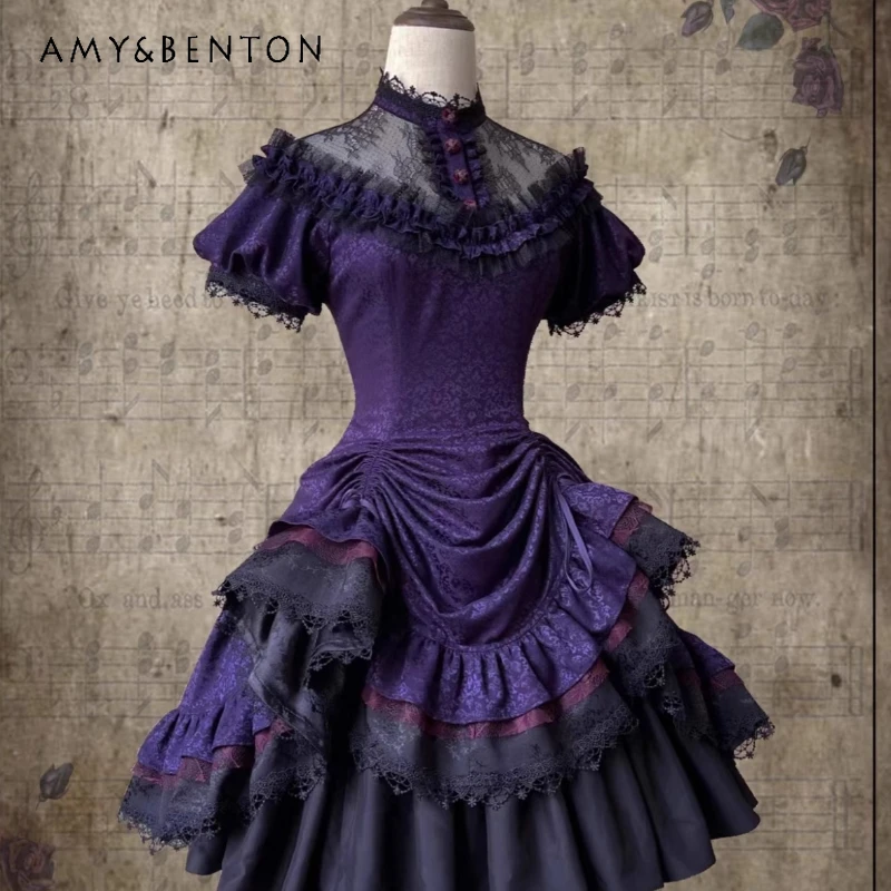

Gothic Dark Purple Splicing Lolita Women's Dress Summer New Lace Hollow Out Short Sleeve Waist Slimming Short Dresses Ladies