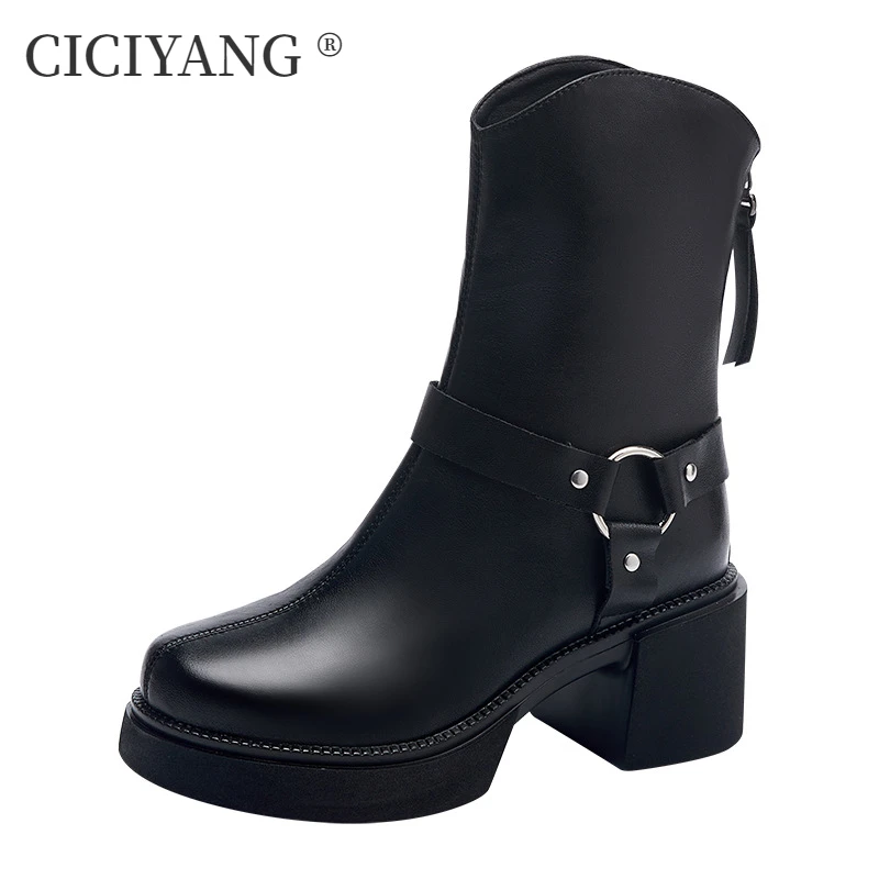 

CICIYANG High Heel Ankle Boots for Women Genuine Leather 2024 Autumn New British Style Chelsea Chunky Non-slip Booties Black