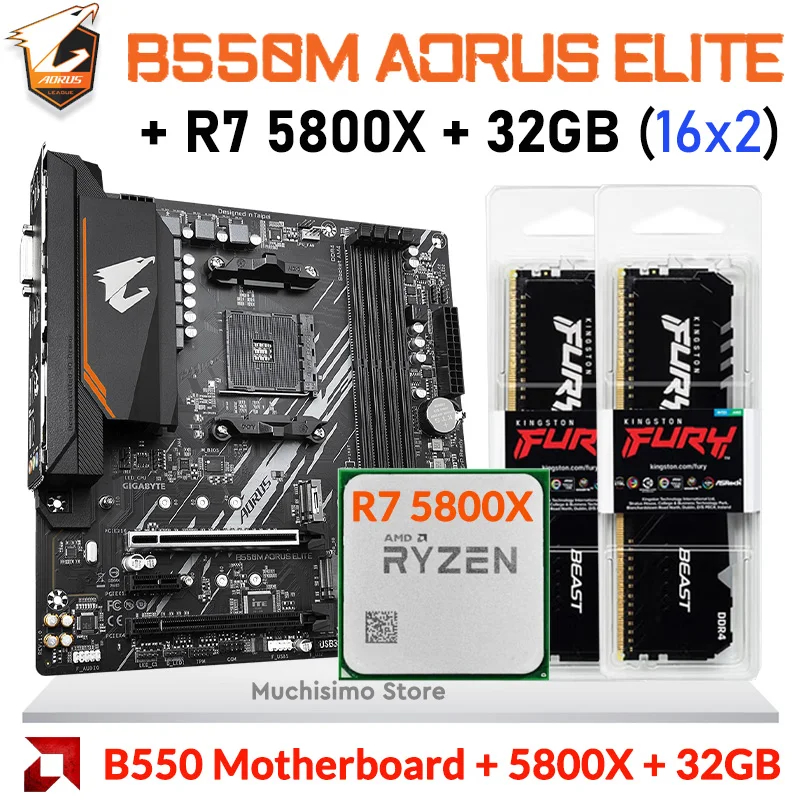 GIGABYTE B550M AORUS ELITE Motherboard + RYZEN 7 5800X + 32GB DDR4 3600MHz RAM Combos Socket AM4 AMD B550 Mainboard Overlocking